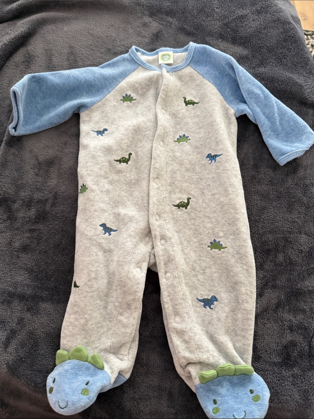 Little Me Gray & Blue Dino Footed One-Piece
